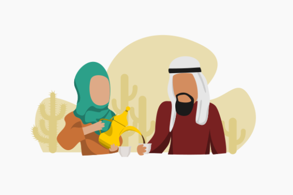 Arab Lady Pouring Coffee for Her Husband: Graphics and Illustrations