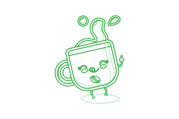 Coffee Latte Cup Kawaii Green Outline Graphics