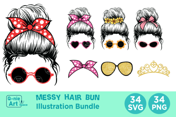 Messy Hair Bun with Accessories Bundle: Graphics & Print Templates